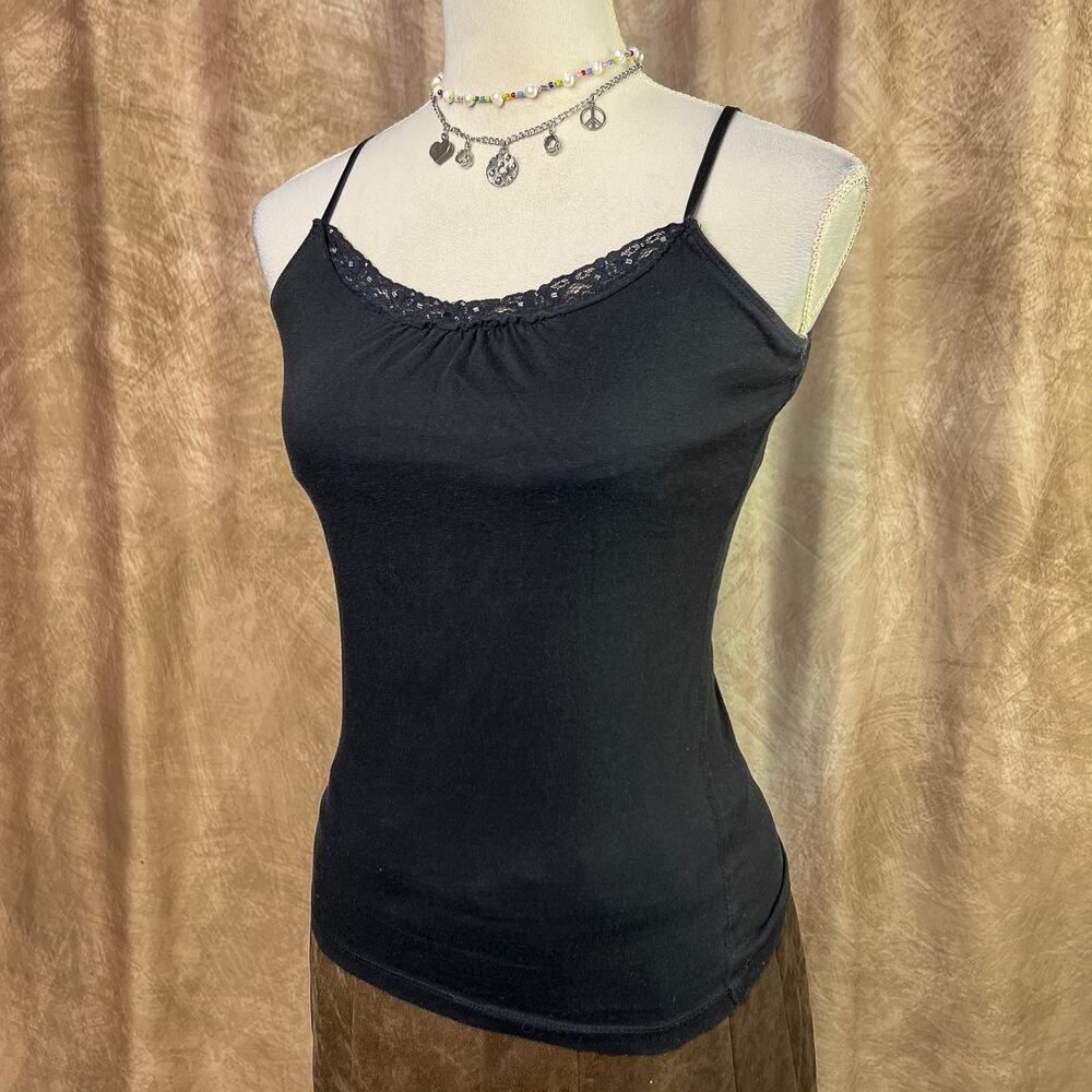 Vintage Y2K Cami Tank Top Beaded Lace Trim Fitted Black Indie Sleaze Goth 2000s